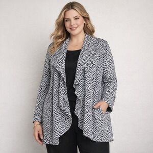 Calvin Klein Women's Plus 24W Black White Chevron Print Waterfall Drape Jacket